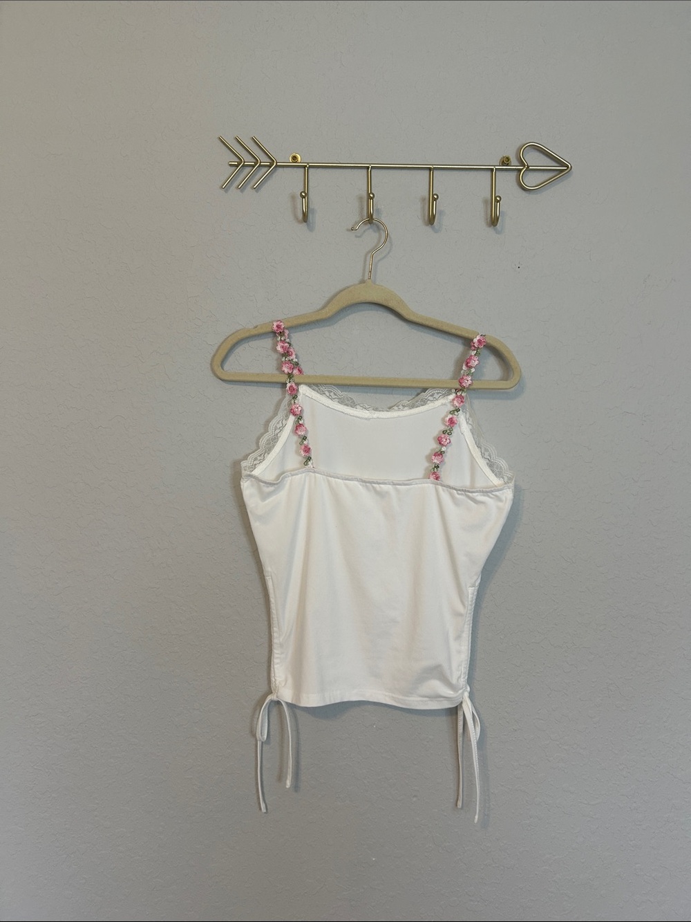 White Floral-Lace Trim Tank with Pink Floral  Straps Y2K Fairycore Crop Top